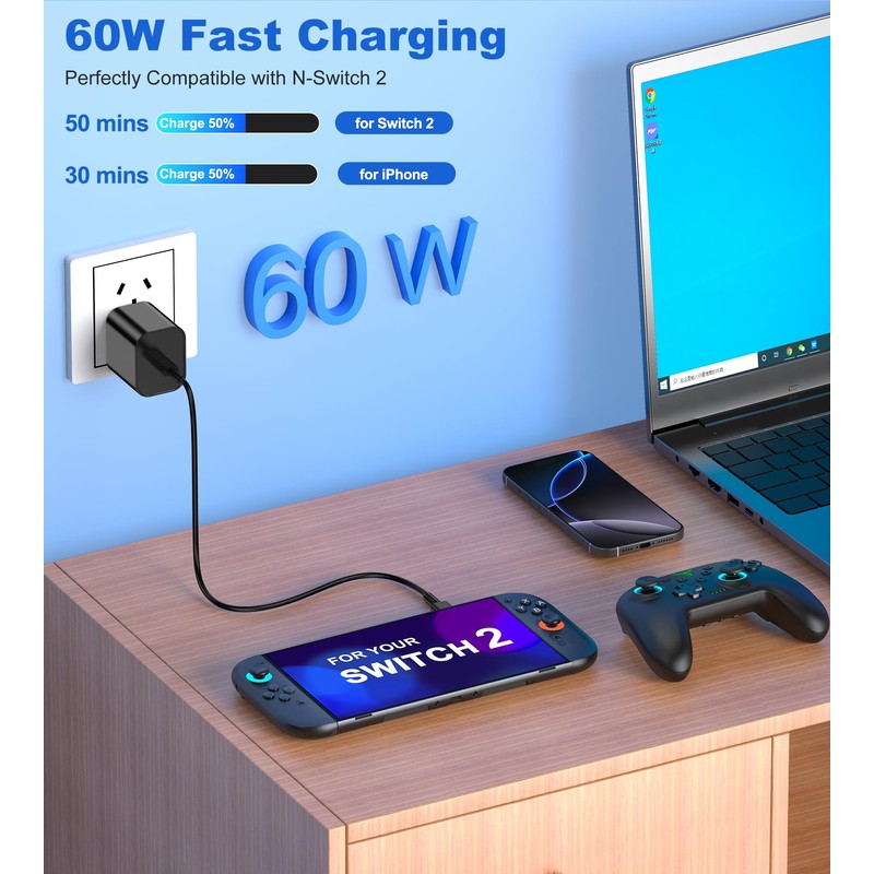PD 60W Netzteil für NS/NS2 mit 1,5m USB-C Ladekabel, Elegamefy