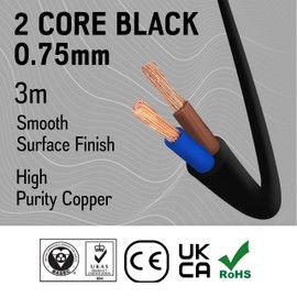 Primes DIY 2 Core Round Black Flex Flexible Cable, stranded electrical copper wire, Insulated Flexible PVC Wire, Stranded Wire High Temperature Resistance, 3182Y BASEC Approved 0.75mm(3 Meter)