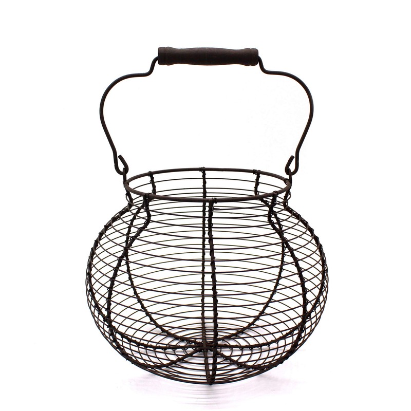 CVHOMEDECO. Antique Wire Egg Basket with Wood Handle Primitives Vintage