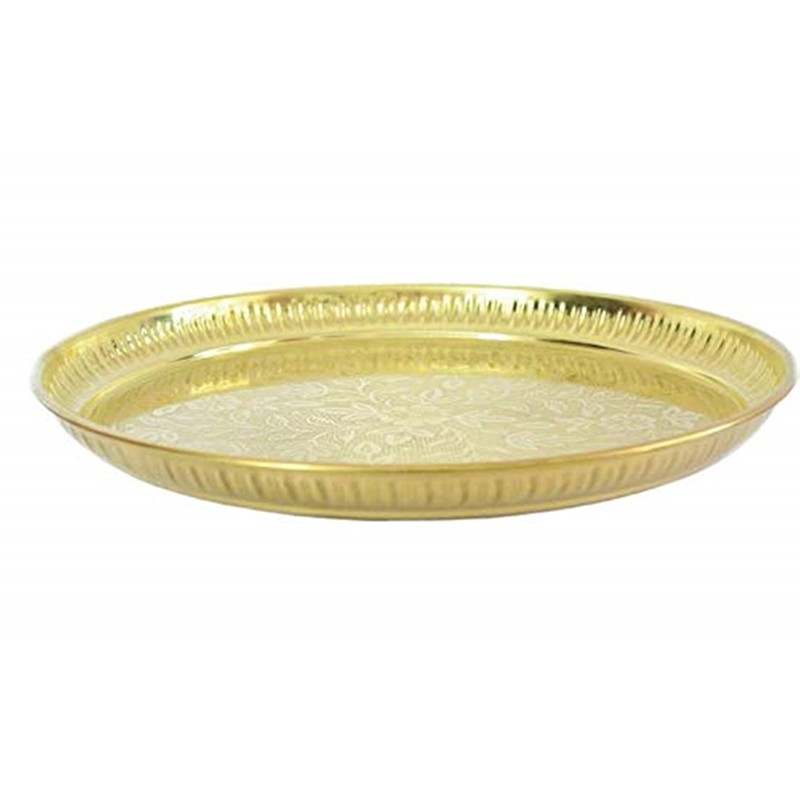Skywalk Handmade Brass Puja Thali with Flower Embossed Design (Gold,