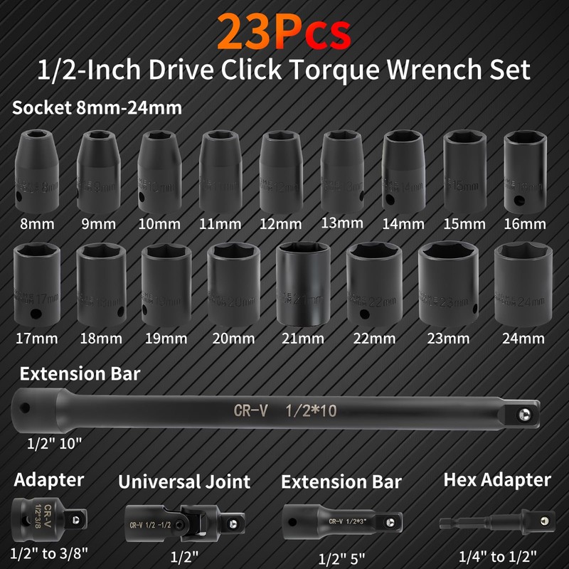 23PCS 1/2-Inch Drive Torque Wrench Set, 10-170FT.LB/13.6-230.5Nm, 1/2 Drive Click