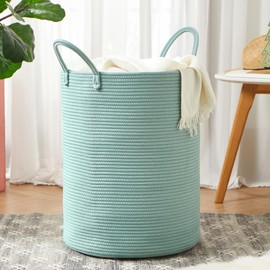 MOJOSCEND 15Dx20H inches Tall Green Cotton Rope Laundry Basket Woven Hamper for Dirty Clothes Blanket Storage in Bedroom Livng Room for Baby Nursery Kids Toys Organize 60L Capacity