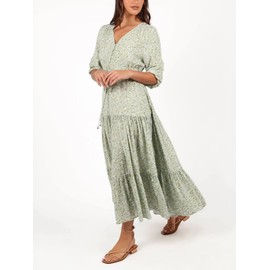Womens Summer V Neck Maxi Long Dress 2025 Fashion Casual Flowy Boho Beach Vacation Sundress Green Floral