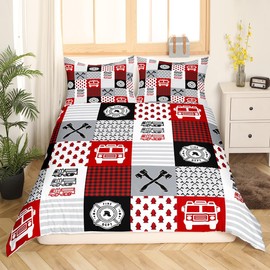 Feelyou Red Fire Truck Car Duvet Cover Firefighter Bedding Set Fire Engine Comforter Cover Kids Firemen Car Vehicle Bed Set Geometric Lattice Grid Twin Size with 1 Pillow Case (No Comforter)