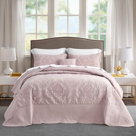 CHIXIN Oversized Bedspread Coverlet Set King Size - Lightweight Bedding Cover - Beautiful Stitching - 4 Piece Reversible Bedspread - Gorgeous Damask Paisley Pattern (King, Pale Rose)