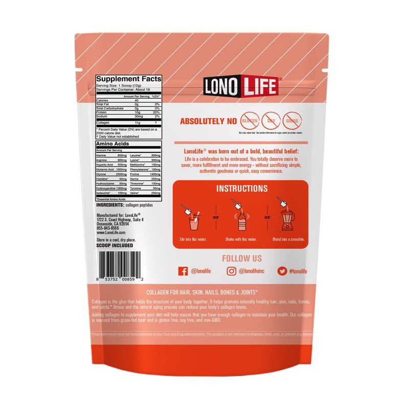 LonoLife - Unflavored Collagen Peptides with 10g Protein, Paleo and