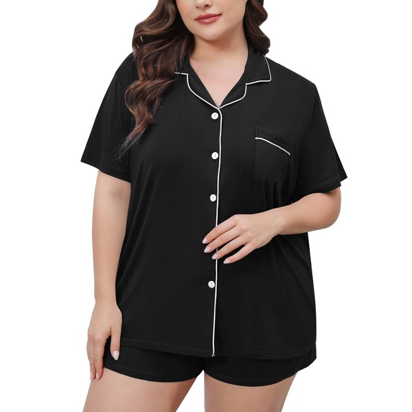 SWOMOG Women's Plus Size Pajamas Short Sleeve Pj Button Down Sleepwear Soft Bride 2 Pcs Pajama Shorts Lounge Sets With Pocket Black