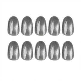 Grey Press on Nails Short Oval Fake Nails Glossy False Nails with Designs Solid Mirror False Acrylic Nails Glue on Nails Full Cover Stick on Nails for Women 24 Pcs