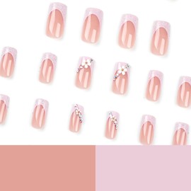 Long Square Coffin Press on Nails Fake Nails Simple with Nude Glitter 3D Flower Design False Nails French Tip Stick on Nails Full Cover Thick Glossy Acrylic Glue on Nails for Women 24Pcs JP2735