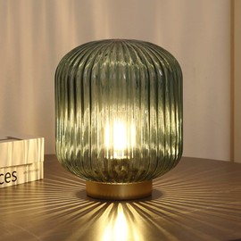WESJO Battery Operated Lamp, Small Table Lamp with LED Bulb, Battery Powered Lamp Cordless Decorative Glass Beside Lamp for Bedroom Living Room Hallway Green