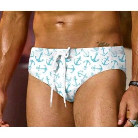 Unbranded Nautical "Anchors Away!" Print Men's White Swim Briefs. Size X-Large 36"-38"