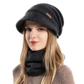Winter Hat Scarf Set for Women Beanie Neck Warmer Gift Black