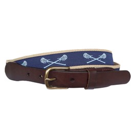 No27 Mens Light Blue Lacrosse on Navy Ribbon and Khaki Leather Belt, Leather Tab and Buckle, Carolina Lacrosse Leather Belt