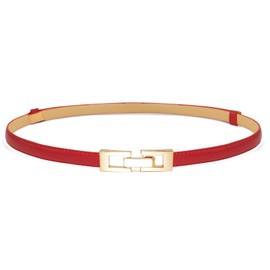 Buywis Skinny Belts for Women Thin PU Leather Waist Belt for Dresses 100CM Red Band Gold Buckle Fit Waist 24"-37"