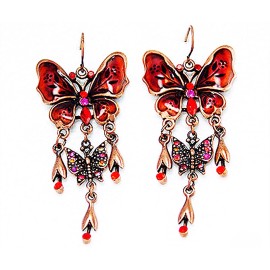 DESIGNER INSPIRED 2.5" RED CRYSTAL ENAMEL DROP BUTTERFLY HOOK GOLD EARRINGS NEW