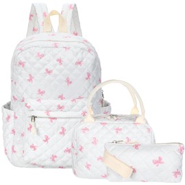 Shyyween 3 Pcs Backpack Bags Set with Cotton Quilted School Lunch Box Pencil Bag Daypack Bookbags for Girl Women Travel(Pink Bow)