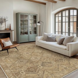 Bavni 6x9 Area Rugs for Living Room, Machine Washable Rug Non Slip, Vintage Chenille Distressed Print Carpet, Large Low Pile Ultra-Thin Lightweight Rugs for Bedroom, Dining Room, Office, Nut Brown