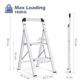 KINGRACK Aluminium 2 Step Ladder, Lightweight Step Stool with Non-Slip Pedals, Handrail, 330LBS Foldable Step Ladder for Kitchen, Garage, Home, Space Saving, Sturdy and Portable, Silver