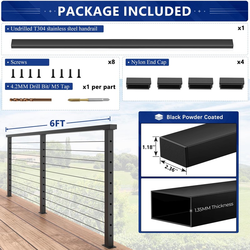 Zylorix 1Pack 6FT Stainless Steel T304 Black Handrail for Cable