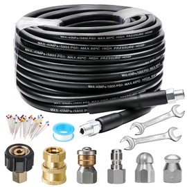 WEST BAY 70 FT Sewer Jetter Kit for Pressure Washer, 5800PSI Drain Cleaner Hose 1/4 Inch NPT, Corner, Rotating and Button Nose Sewer Jetting Nozzle Watertight Tape Pearl Corsage Pin with 2 Pcs Spanner