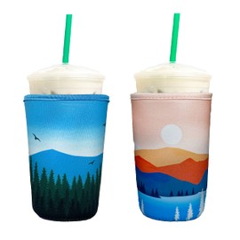 Baxendale and Co Reusable Neoprene Insulator Sleeves for Iced Coffee and Cold Drink Cups (2 PK Medium 22-24oz, Pines)