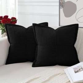 Artscope Corduroy Cushion Covers Pack of 2 Modern Patchwork Throw Pillow Covers Soft Pillowcase Broadside Decorative Textured Cushions for Home decor Sofa Bedroom Couch Black 50x50cm