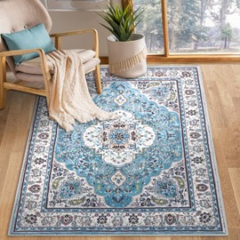 COMSLE Area Rug 3x5 Faux Wool Rugs for Kitchen, Boho Washable Throw Rugs Non-Slip Distressed Carpet Soft Accent Floor Rug for Bedroom, Living Room, Laundry Room (Light Blue)