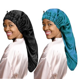 LadayPoa 2 Pcs Long Satin Sleep Cap for Women,Girls Silky Cap for Sleeping Large Satin Bonnet Single Layer Sleep Cap with Button for Long Curly Hair Protection(Black,Green)