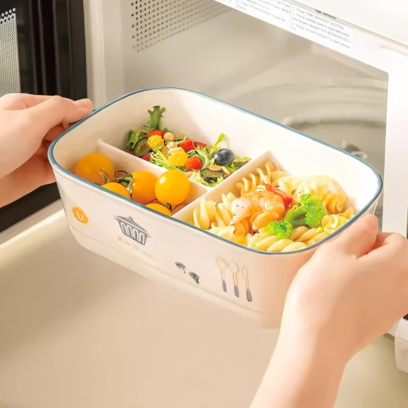 Ceramic Lunch Box with Compartment, Lunch Box with Lid, White