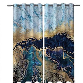 peakman Wavy Blackout Grommet Curtains 84 Inch Length, Abstract Blue Marble Fake Stone Liquid Gold Foil and Glitter Curtains 2 Panel Set for Bedroom Living Room, 104 Inch Wide