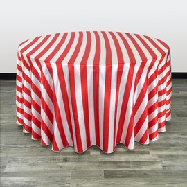 YOUR CHAIR COVERS - 120 inch Round Satin Tablecloth Red/White Striped, Round Table Linens for 5 ft Round Banquet Tables