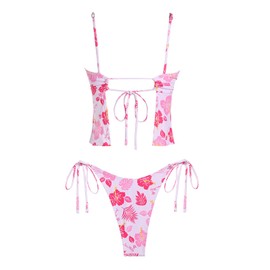 seamoly Floral Leaves Bow Decor Tie Side Tankini Set, Light Pink, M
