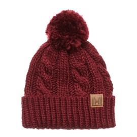 MIRMARU Winter Oversized Solid Color Cable Knitted Pom Pom Beanie Hat with Fleece Lining.(Burgundy)