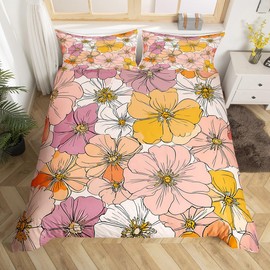 Groovy Flower Comforter Cover 60S 70S 80S Flowers Pink Purple Yellow Bedding Set Retro Floral Boho Duvet Cover for Children Kids Boys Girls Microfiber Bedspread Cover Room Decor Bedclothes Full