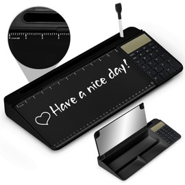 Desktop Glass Whiteboard with Mirror & Calculator(12 Digit LCD Display) & Ruler Marker,Tilted Computer Keyboard Stand with Dry Erase Board Surface, Desk Organizers with Accessories,Black