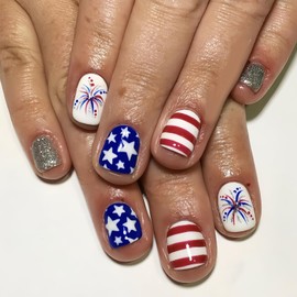 24Pcs 4th of July Press on Nails Short Square Fake Nails Independence Day Fireworks Stick on Nails Star Patriotic False Nails American Flag Design Acrylic Nails Silver Glitter Glue on Nails for Women