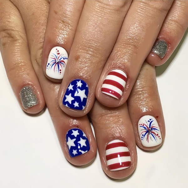24Pcs 4th of July Press on Nails Short Square Fake