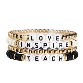 Fuqimanman2020 Teacher Appreciation Heishi Stackable Bracelet Set Teach Love Teach Inspire Beaded Stretchy Ploymer Clay Back to School Preppy Jewelry-B