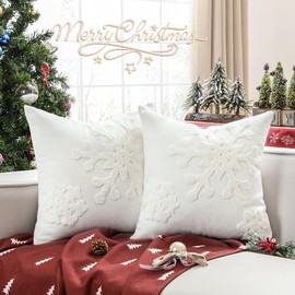 Lewondr Christmas Throw Pillow Cover, 2 Pack Snowflake Embroidery Decorative Throw Pillow Case Linen Sofa Cushion Cover for Party Thanksgiving Day Xmas Decor 16"x16"(40x40cm) - White