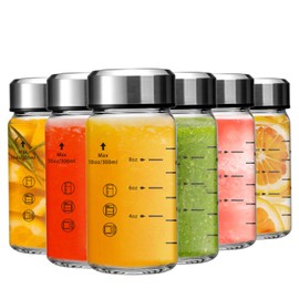 Olivego 10oz Juice Bottles - 6 Pack Wide Mouth Glass Bottles with Lids- BPA Free, Stainless Steel Lids for Juicing, Smoothies, Infused Water, Beverage Storage - Leakproof, Borosilicate, Clear