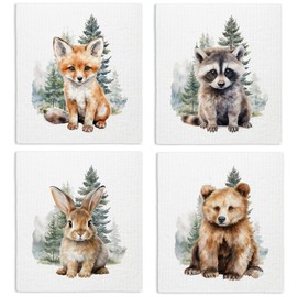 VONTP Swedish Dishcloths for Kitchen, Fox Rabbit Dish Rags Kitchen Dish Towels for Washing Dishes, 4 Pack Reusable Paper Towels Washable, Sponge Cloths for Home Cleaning Cooking Baking Decor