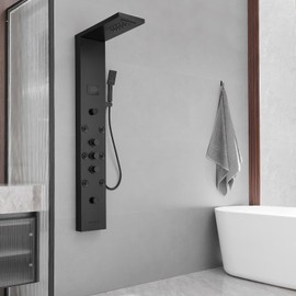BWE Shower Panel Tower System LED Light Temperature Display 6-Function Stainless Steel shower system with Rainfall Waterfall Massage Body Jets Tub Spout and Handheld Shower, Matte Black