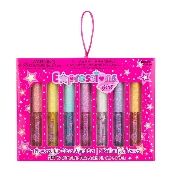 Expressions Kids Teen Girls Ladies & Womens 7 Piece Lip Gloss Wand Set, Glittery Fruity Flavors, Ages 5+ Fruity Flavors, Non Toxic, Kid Friendly, Party Gift, Best Friend