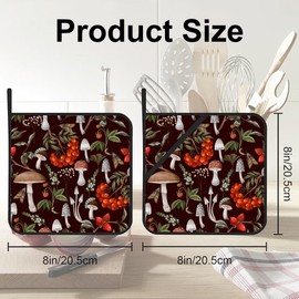 Mushrooms Pot Holders Set of 2 Heat Resistant & Non Slip Potholders, Berries and Plants Oven Hot Pads for Kitchen Cooking Baking Barbecue