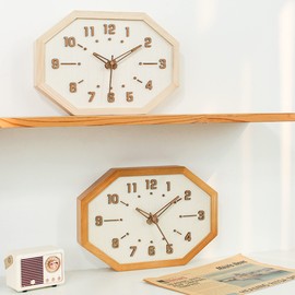 Danmukeji Wall Clock, Stylish, Popular, Cute, Natural Wood, Octagonal Clock, 3D Dimensions, Easy to View, Wall Clock, Table Clock, Scandinavian Design, Continuous Second Hand, Silent, 12 Inches, Modern Home Decoration, Moving, Housewarming (Dark Wood Color)