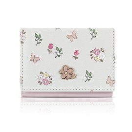 WisePoint Cute Card Holder Wallet, Flower Button & Butterflies Print Card Wallets for Women, Elegant Youthful PU Short Women's Wallet with ID Window for Travel, Shopping (pink)