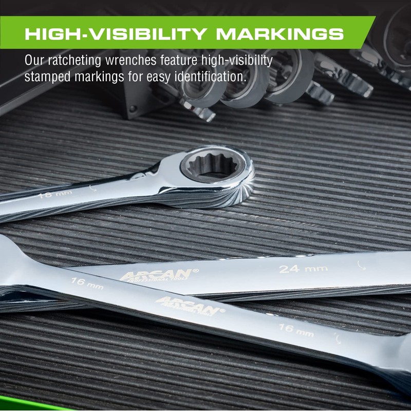 ARCAN ARW16M Metric Ratcheting Combination Wrench Set, 16-Piece