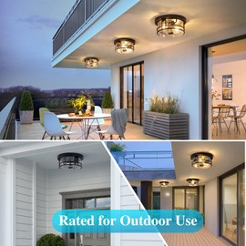 SAYTOP Outdoor Ceiling Light with Motion Sensor Flush Mount Round Porch Light, Industrial 2-Light Dusk to Dawn Ceiling Light Fixture with Clear Glass for Entryway Garage Front and Back Yards, Black