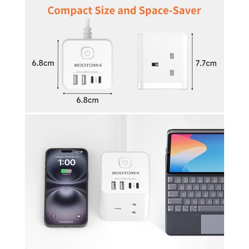 ROOTOMA Cube Extension Lead with USB C Slots, 3 Way