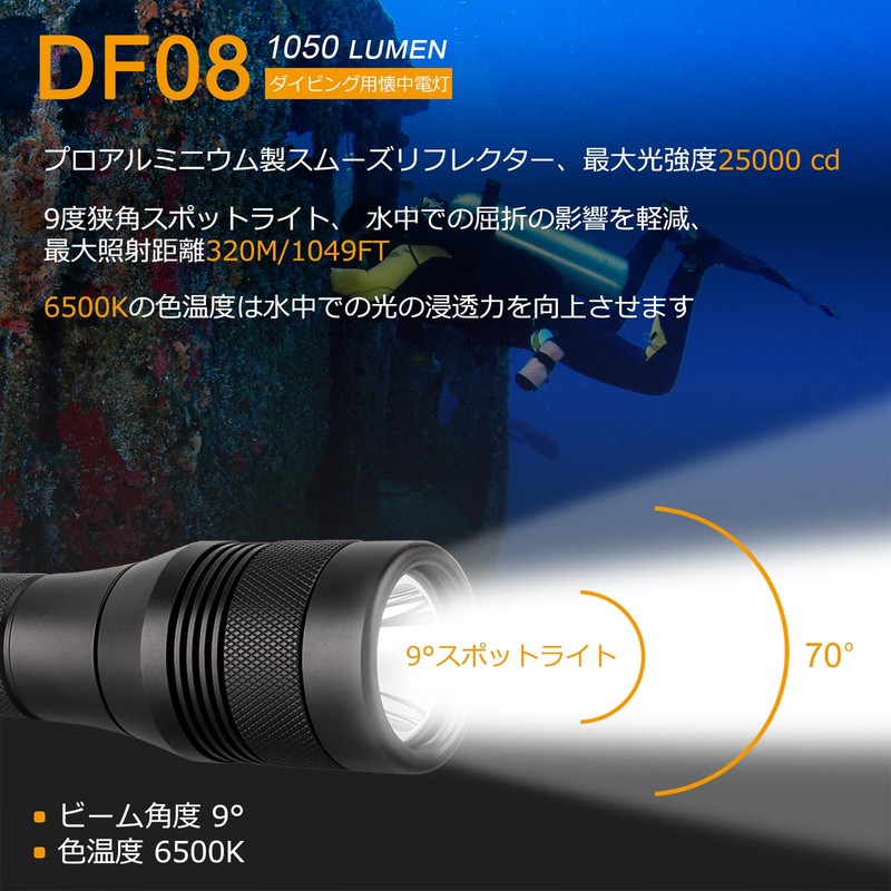 SecurityIng Dive Torch, 1000 Lumens Scuba Diving Torch, 9 Degrees